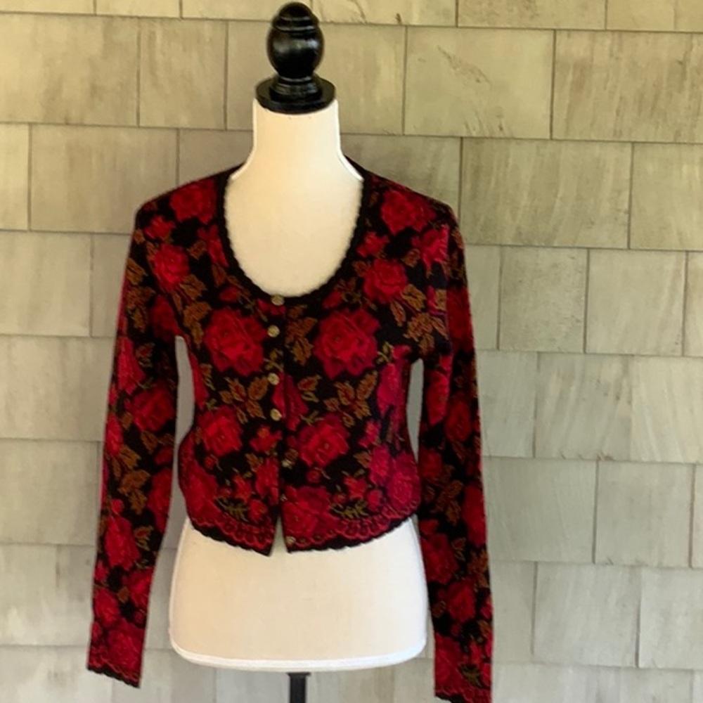 Floral Knit Cardigan Sweater - Red & Black